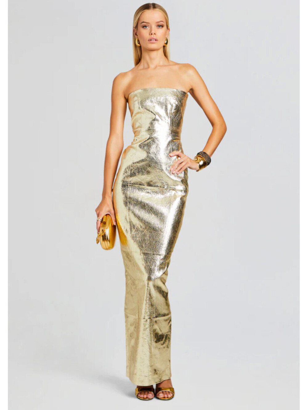 NWT $1,400 Retrofete Lavonne Gold Metallic Leather Crackle Dress Medium Runway - Picture 4 of 11